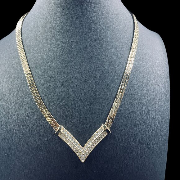 Chevron Necklace V Shaped Choker Statement Crystal Bling Iced Out Chain - Picture 5 of 8